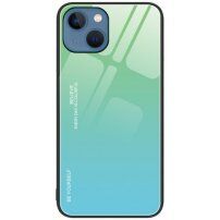 Кейс със стъклена задна част за iPhone 14 - зелено-син