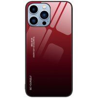 Кейс със стъклена задна част за iPhone 14 Pro Max - червено-черен