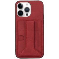 Кейс с джоб за карти и стойка за iPhone 14 Pro Max - червен