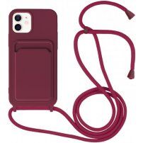 Силиконов кейс с каишка и джоб за карти за iPhone 11 - винено червен