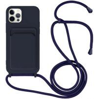 Силиконов кейс с каишка и джоб за карти за iPhone 11 Pro - тъмносин