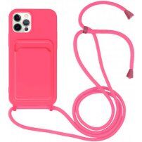 Силиконов кейс с каишка и джоб за карти за iPhone 11 Pro - неоново розов