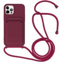 Силиконов кейс с каишка и джоб за карти за iPhone 11 Pro Max - винено червен