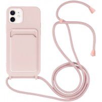 Силиконов кейс с каишка и джоб за карти за iPhone 12 / 12 Pro - розов