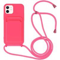 Силиконов кейс с каишка и джоб за карти за iPhone 12 / 12 Pro - неоново розов