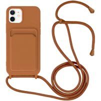 Силиконов кейс с каишка и джоб за карти за iPhone 12 / 12 Pro - кафяв