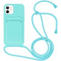 Силиконов кейс с каишка и джоб за карти за iPhone 12 / 12 Pro - тюркоазен