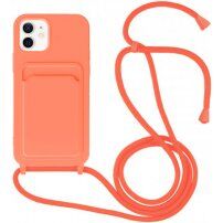 Силиконов кейс с каишка и джоб за карти за iPhone 12 / 12 Pro - неоново оранжева