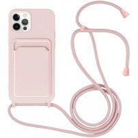 Силиконов кейс с каишка и джоб за карти за iPhone 12 Pro Max - розов
