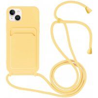 Силиконов кейс с каишка и джоб за карти за iPhone 13 - жълт