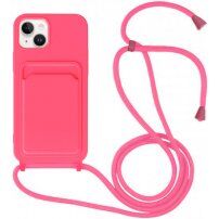 Силиконов кейс с каишка и джоб за карти за iPhone 13 - неоново розов