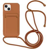 Силиконов кейс с каишка и джоб за карти за iPhone 13 - кафяв