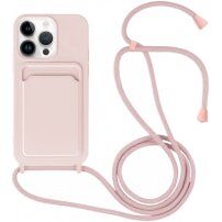 Силиконов кейс с каишка и джоб за карти за iPhone 13 Pro - розов