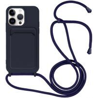 Силиконов кейс с каишка и джоб за карти за iPhone 13 Pro - тъмносин
