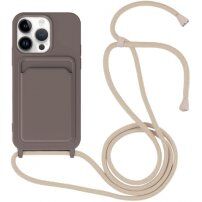Силиконов кейс с каишка и джоб за карти за iPhone 13 Pro - тъмнокафяв