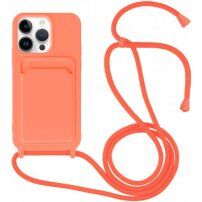 Силиконов кейс с каишка и джоб за карти за iPhone 13 Pro - неоново оранжева
