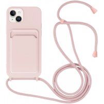 Силиконов кейс с каишка и джоб за карти за iPhone 14 - розов