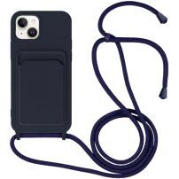 Силиконов кейс с каишка и джоб за карти за iPhone 14 - тъмносин