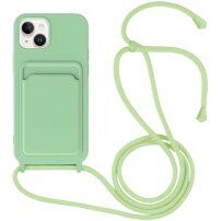 Силиконов кейс с каишка и джоб за карти за iPhone 14 - зелен
