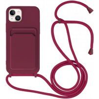 Силиконов кейс с каишка и джоб за карти за iPhone 14 Plus - винено червен