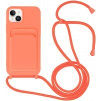 Силиконов кейс с каишка и джоб за карти за iPhone 14 Plus - неоново оранжева
