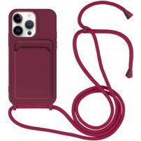 Силиконов кейс с каишка и джоб за карти за iPhone 14 Pro Max - винено червен