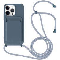 Силиконов кейс с каишка и джоб за карти за iPhone 14 Pro Max - син