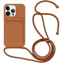 Силиконов кейс с каишка и джоб за карти за iPhone 14 Pro Max - кафяв