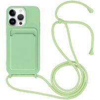 Силиконов кейс с каишка и джоб за карти за iPhone 14 Pro Max - зелен