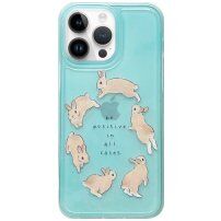 Лъскав прозрачен кейс с мотив зайчета за iPhone 13 Pro - син
