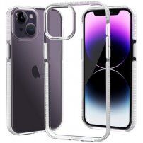 Прозрачен кейс с пъстра рамка от мека пластмаса за iPhone 14 Plus - бял