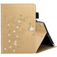 Флип калъф цвете и бели кристали за iPad 10,2" (2019-2021) / Air 3 (2019) / Pro 10,5" - златен