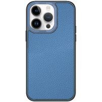Кожен кейс с метална рамка за iPhone 13 Pro - син