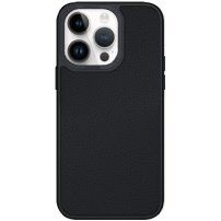 Кожен кейс с метална рамка за iPhone 13 Pro - черен