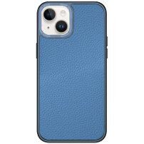 Кожен кейс с метална рамка за iPhone 14 - син