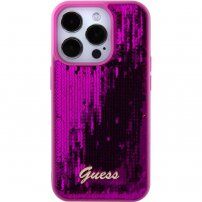 Guess Sequin Script Logo кейс с пайети за iPhone 15 Pro - цвят фуксия
