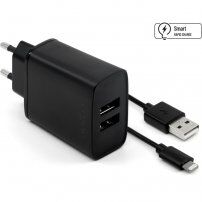 FIXED мрежово зарядно 15W 2xUSB с USB-A / Lightning кабел - MFi за iPhone / iPad - черна