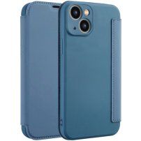Калъф тип портмоне от силикон и PU кожа за iPhone 15 Plus - тъмно син