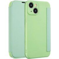 Калъф тип портмоне от силикон и PU кожа за iPhone 15 Plus - зелено