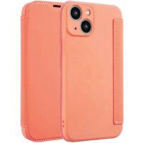 Калъф тип портмоне от силикон и PU кожа за iPhone 15 Plus - оранжево