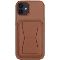Кожен калъф с джоб за карти и поставка за iPhone 11 - кафяв