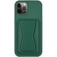 Кожен калъф с джоб за карти и отваряща се поставка за iPhone 12 Pro Max - тъмнозелен