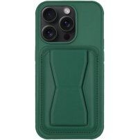 Кожен калъф с джоб за карти и отваряща се поставка за iPhone 13 Pro - тъмнозелен