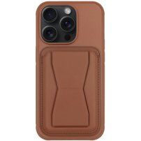 Кожен калъф с джоб за карти и отваряща се поставка за iPhone 13 Pro Max - кафяв