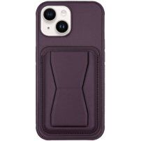 Кожен калъф с джоб за карти и отваряща се поставка за iPhone 14 - тъмнолилав