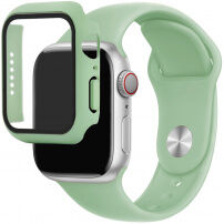 Силиконова каишка с калъф със закалено стъкло за Apple Watch 41mm / 40mm - пастелно зелено