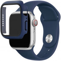Силиконова каишка с калъф със закалено стъкло за Apple Watch 41mm / 40mm - тъмносин