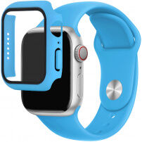 Силиконова каишка с калъф със закалено стъкло за Apple Watch 45mm / 44mm - син
