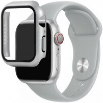 Силиконова каишка с калъф със закалено стъкло за Apple Watch 45mm / 44mm - светло сив