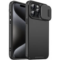 Матов калъф с подвижно капаче на камерата за iPhone 15 Pro Max - черен